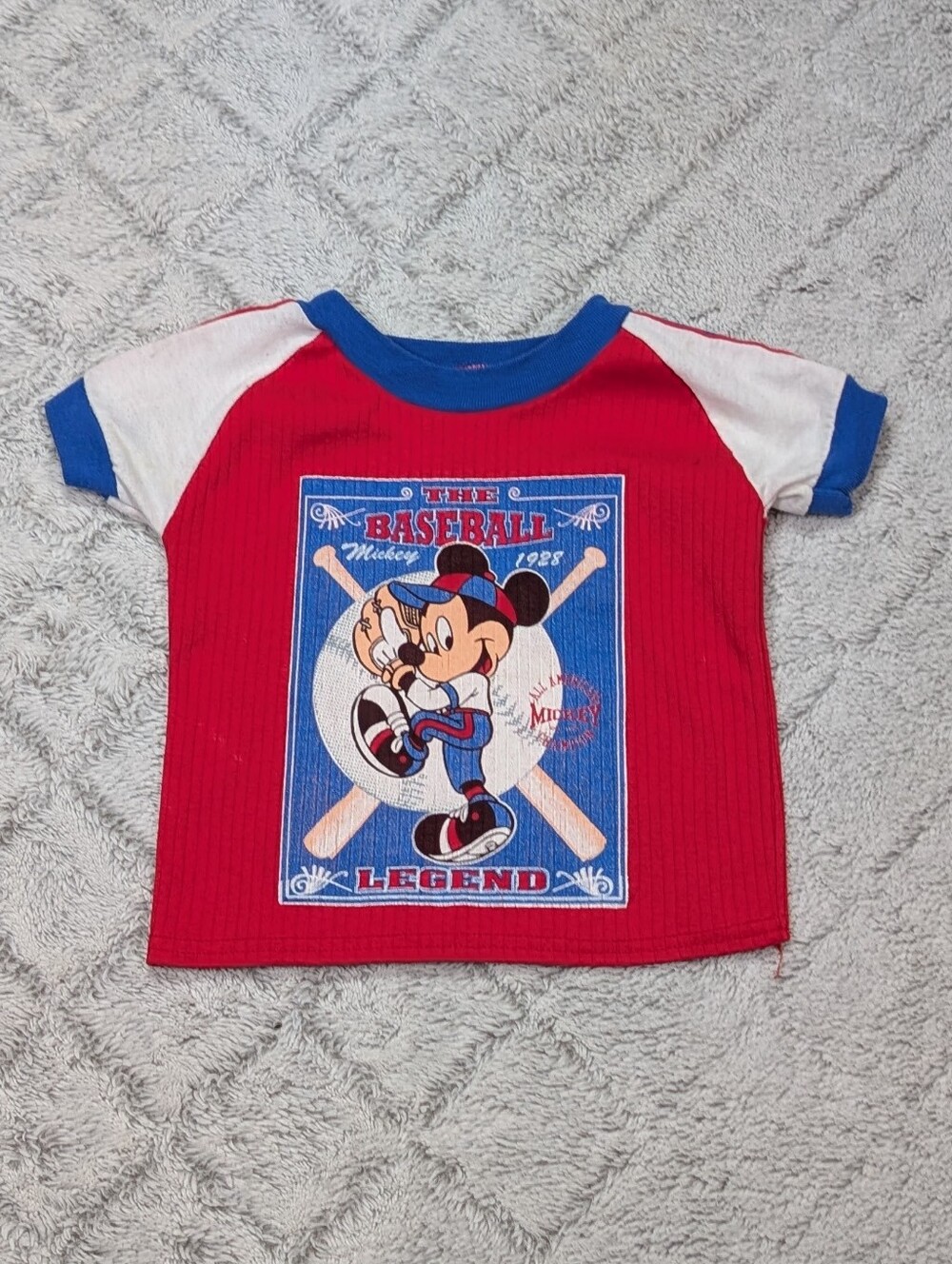 Vintage Mickey Mouse Shirt Kids 1T Red Blue Baseball Legend Graphic Tee USA 90s